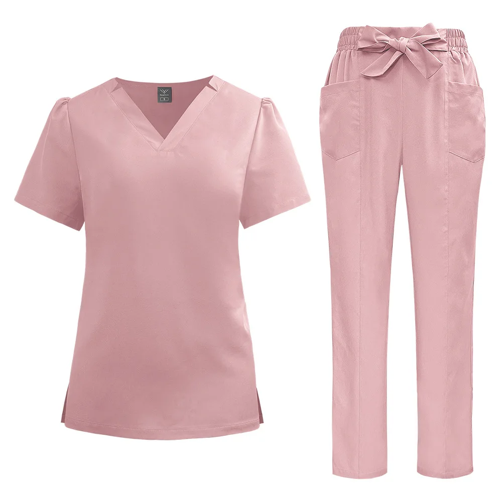 Women Short Sleeve V Neck Medical Scrub Set Bow Drawstring Multi Pocket Straight Pants Nurse Dental Spa Stretch Work Uniform