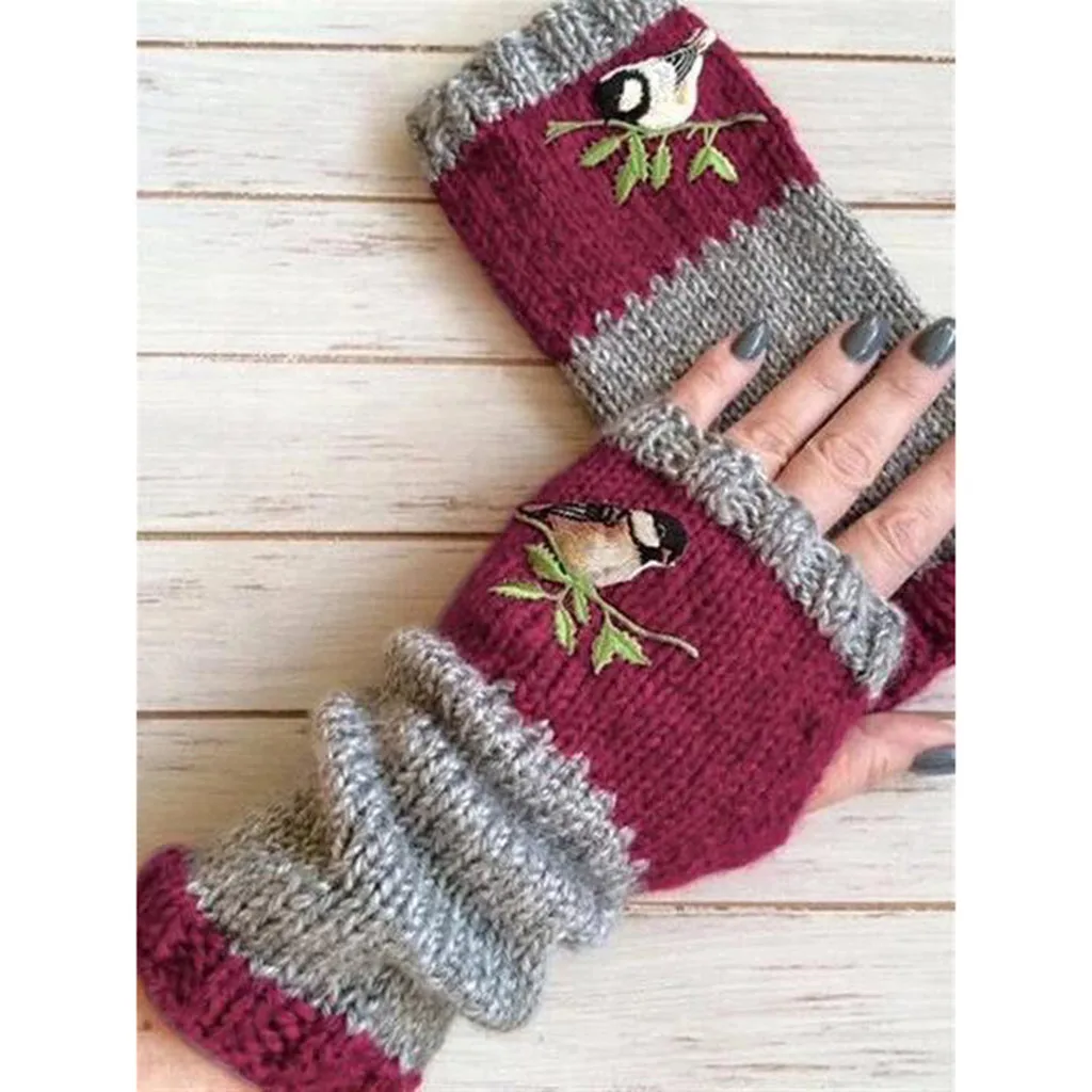 Embroidered Bird Gloves Women\'s Cotton Fingerless Gloves Knit Block Splice Mittens Women\'s Fingerless Gloves Christmas Gift