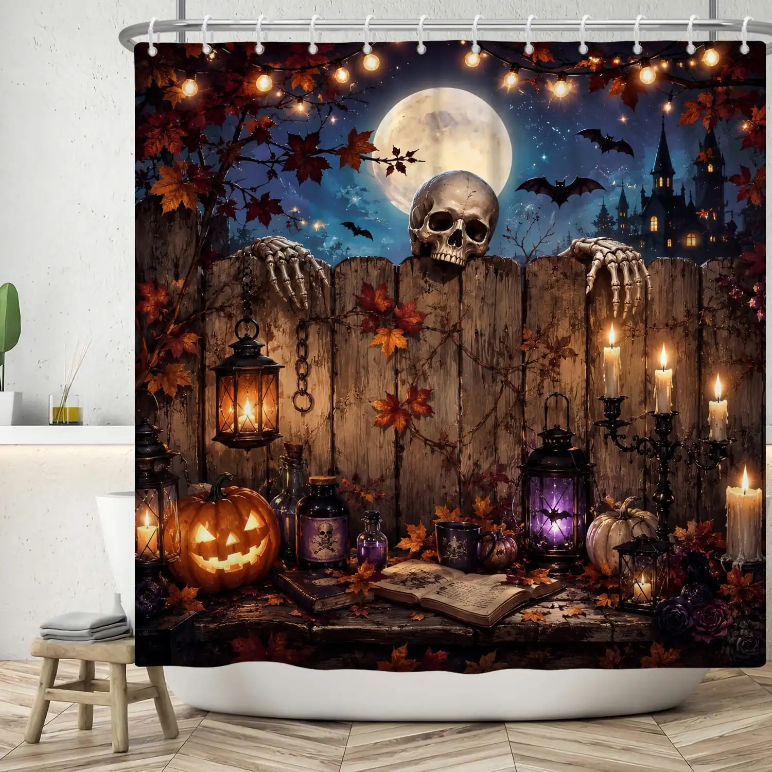 MIZHONA Halloween Skeletons Shower Curtain Funny Skull with Pumpkins Fabric Bathroom Curtains Decor with Hooks 47x64 in
