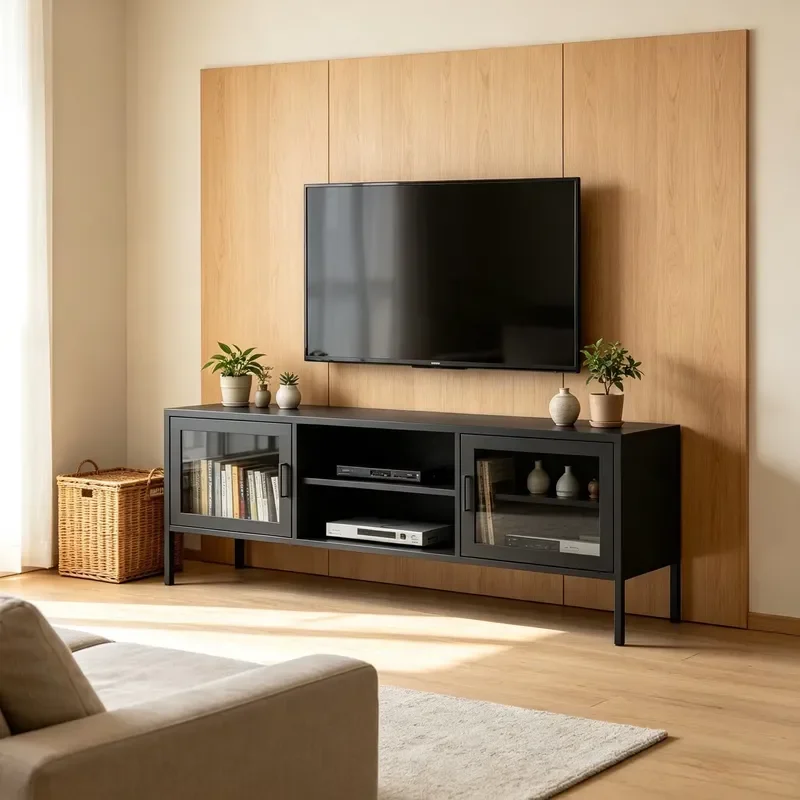 Modern Steel TV Cabinet with Tempered Glass Doors Media Console Entertainment Center Metal Storage Unit for Living Room