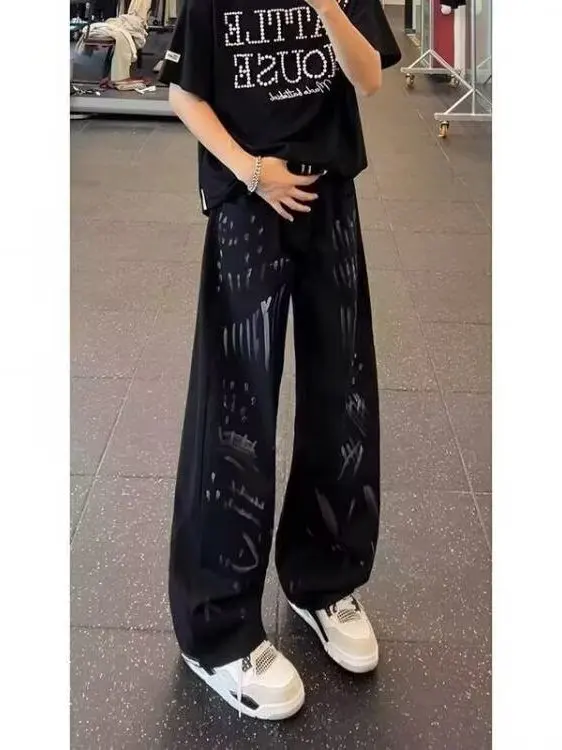 Calças Jeans Americanas Retrô com Estampa de Grafite, Perna Larga, Unissex, Primavera Outono, Soltas, Micro Flare, Estilo Hig...
