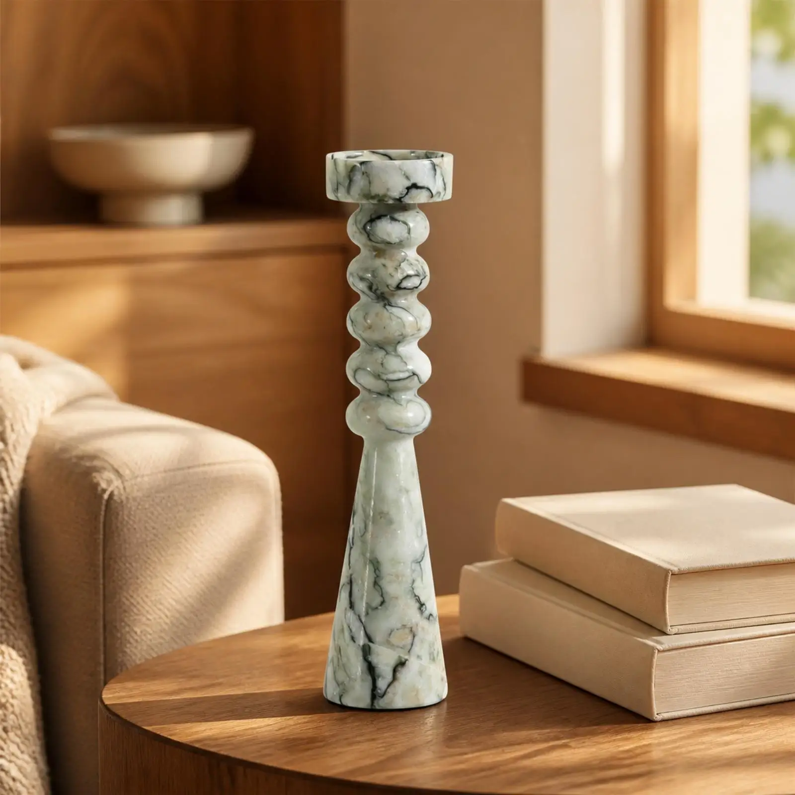 Polished Marble Candle Holder with Stacked Rounds for Dining Table Centerpiece Pedestal Candle Stand for Entryway Decor
