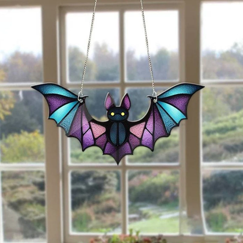 Atrapasueños de vitral de murciélago para Halloween, colgante de ventana, arte de pared acrílico, atrapasoles, decoración, Festival de fantasmas colorido