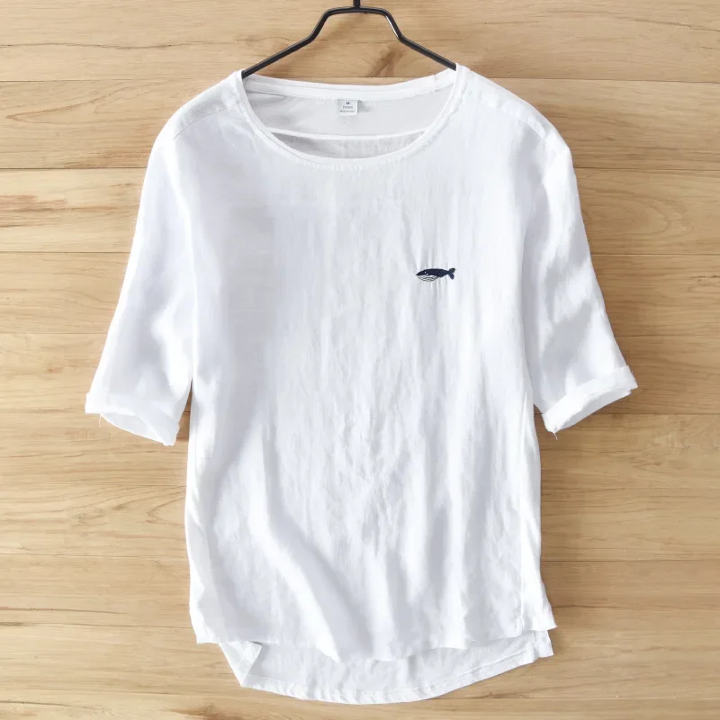 Men Cotton Linen Short Sleeve Tshirts White Small Fish Graphic Embroidery T Shirt Casual O-Neck Male Tees Y1702