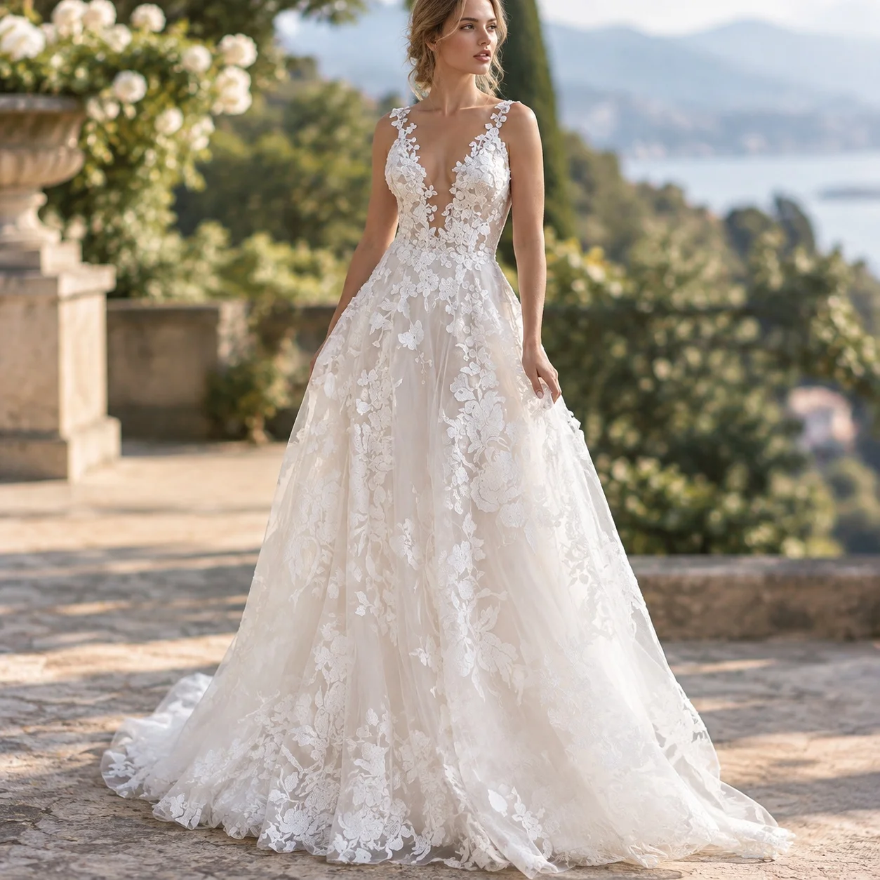 Pleated Dress Puffy Skirt Silhouette Gown Maxi Length Professional with Slip on Straight Cut Mid Waist Wedding Dress for Women