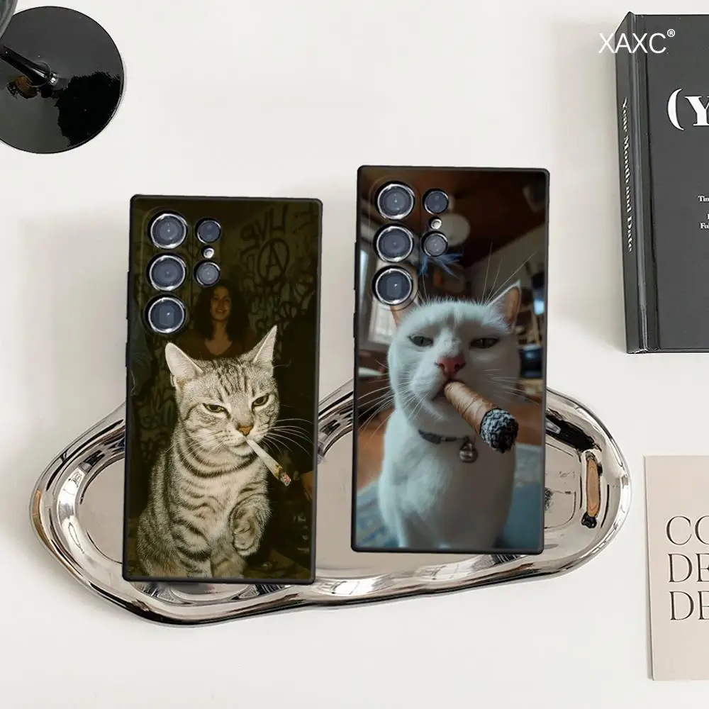 For S25 Smoking Cats Black Phone Case For Samsung Galaxy S26 Ultra S25 FE S24 S23 S22 Plus S25 Edge S21 TPU Soft Shell Covers