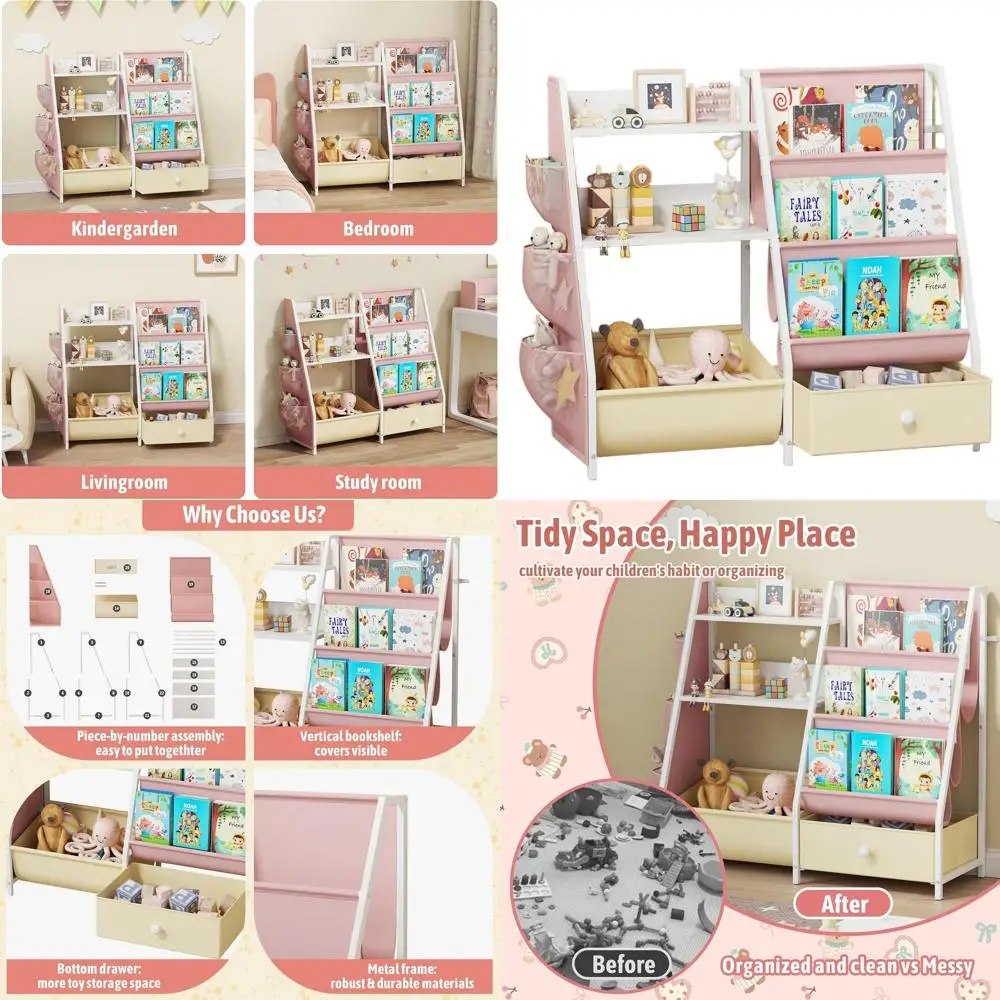 

3in1 Kids Bookshelf and Toy Organizer, 3 Tier Sling Book Shelf with Movable Bins, Toddler Montessori Bookcase for Kids Rooms, Pl