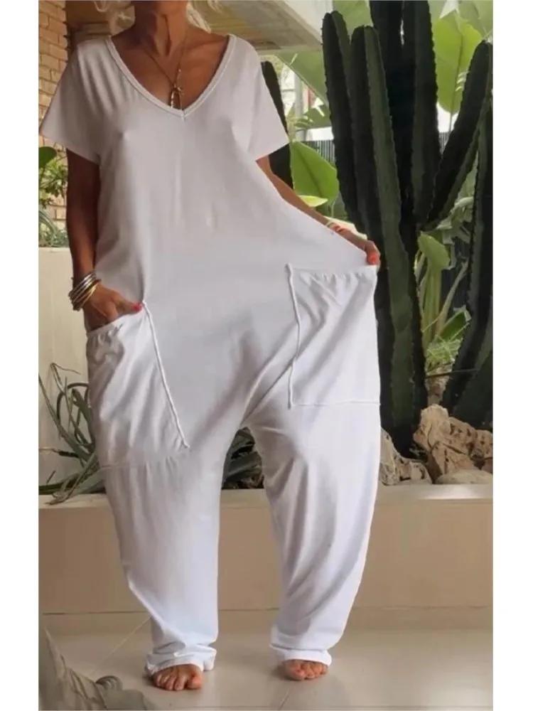 

Casual Solid V Neck Jumpsuit Lady Fashion Loose Short Sleeve Pockets Long Pants Jumpsuits For Women Holiday Streetwear Clothes