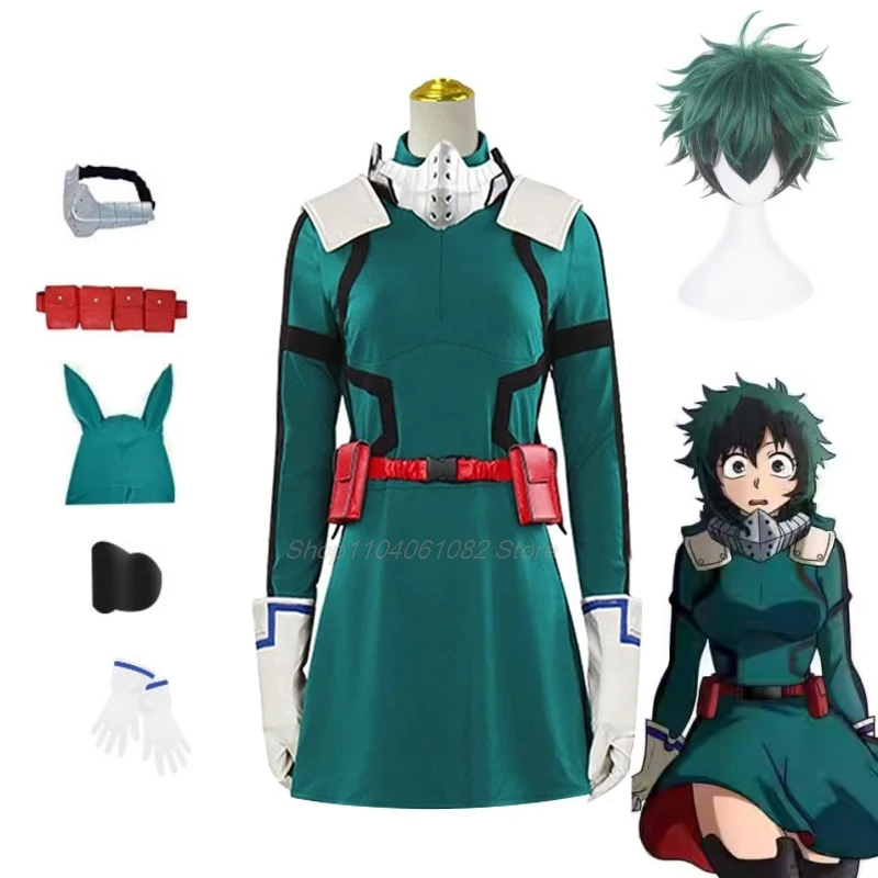 Anime Midoriya Izuku Cosplay My Hero Deku Green Skirt Girl Green Black Wig Academia Justice Uniform Prop Party Outfit for Women