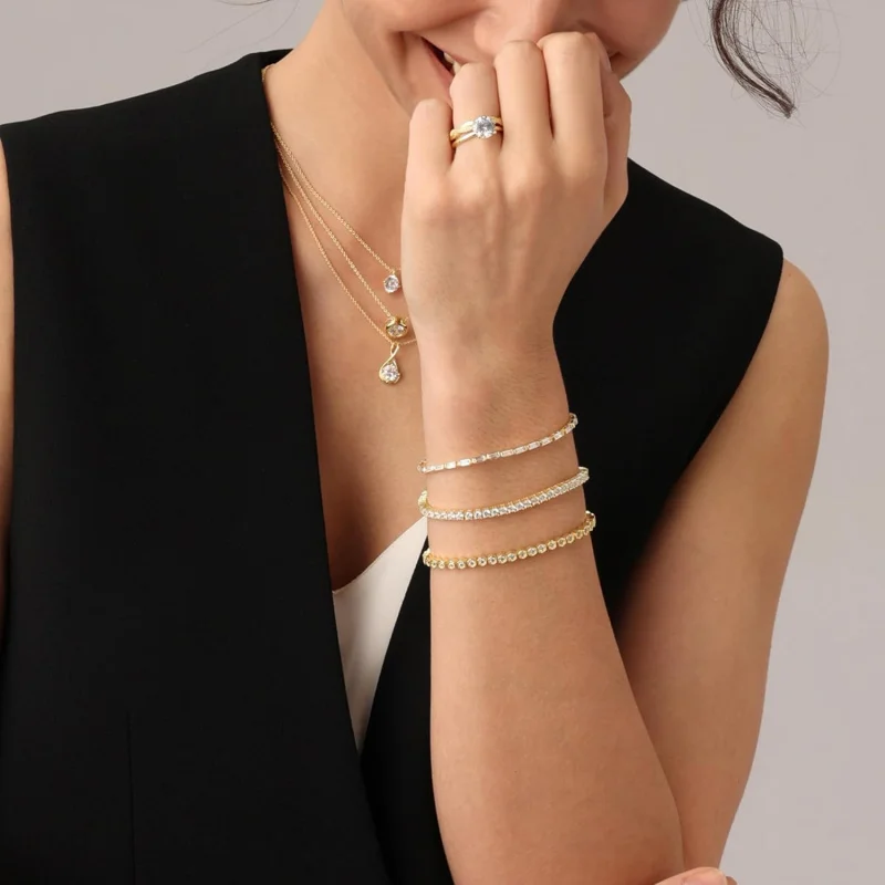 Classic Tennis Bracelet For Women 3Mm Round Lab Created Moissanite Dainty Stackable Cuff Bracelets In 18K Gold Plated Jewelry Fo