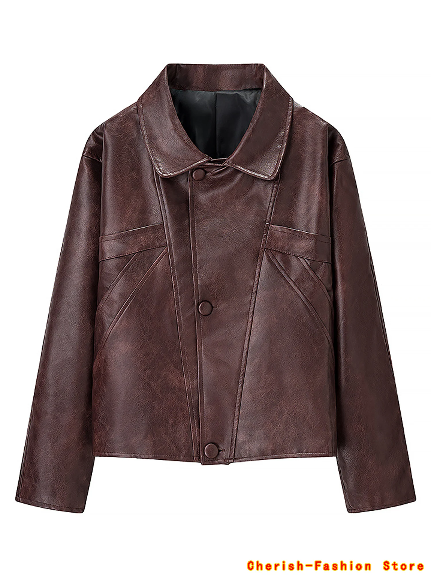 

2025 New Spring Autumn Women Faux Pu Leather Short Jacket Embossed Motorcycle Biker Female Button Lapel Brown Coat Outwear