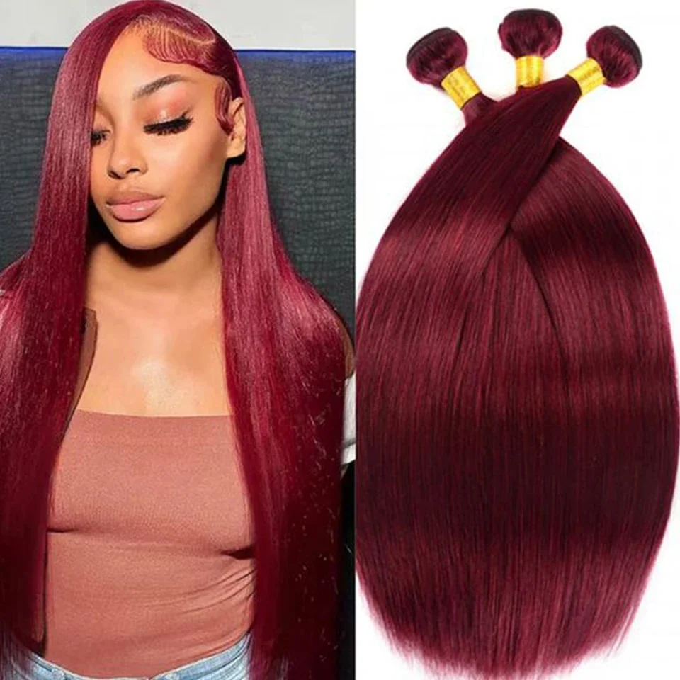 Sleek Brazilian Straight Human Hair Bundles 1/3 Pcs 12A Weaving Remy 99J Bundles Human Weave Bone Straight Human Hair Extension