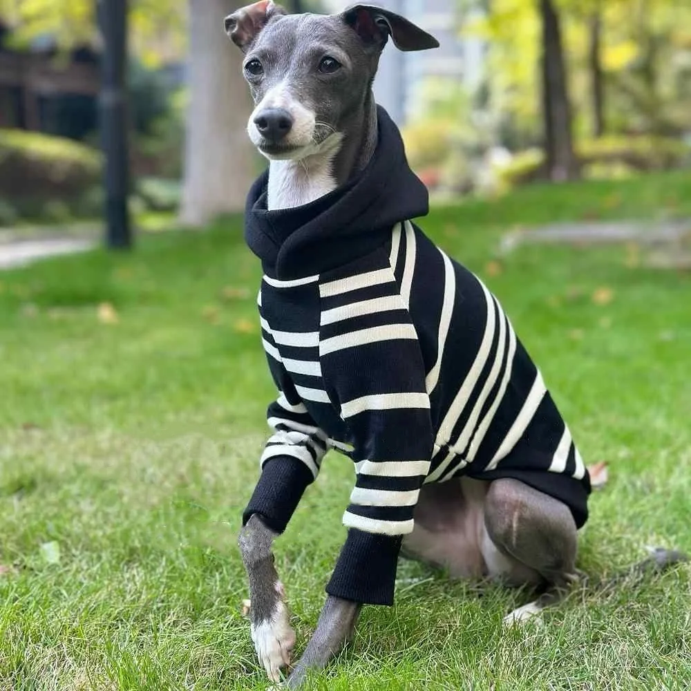 Black-White Striped Hooded Sweatshirt for Huibit Dog Autumn Cotton Coat for Bedlington Italy Greyhound Warm Winter Pajamas