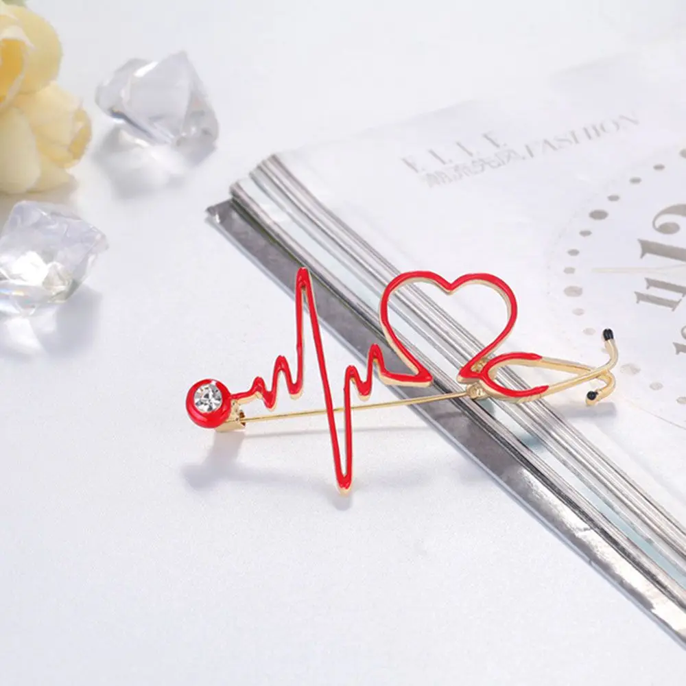 Creative Doctor Heart Rate Stethoscope Red Electrocardiogram Brooches Jewelry Fashion Accessories Brooch Pins