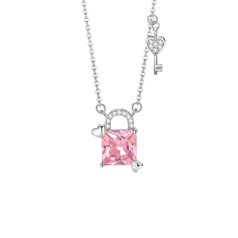S925 Sterling Silver Heart-Shaped Pink Lock Key Zircon Pendant Necklace for Women Elegant Collarbone Jewelry Gift