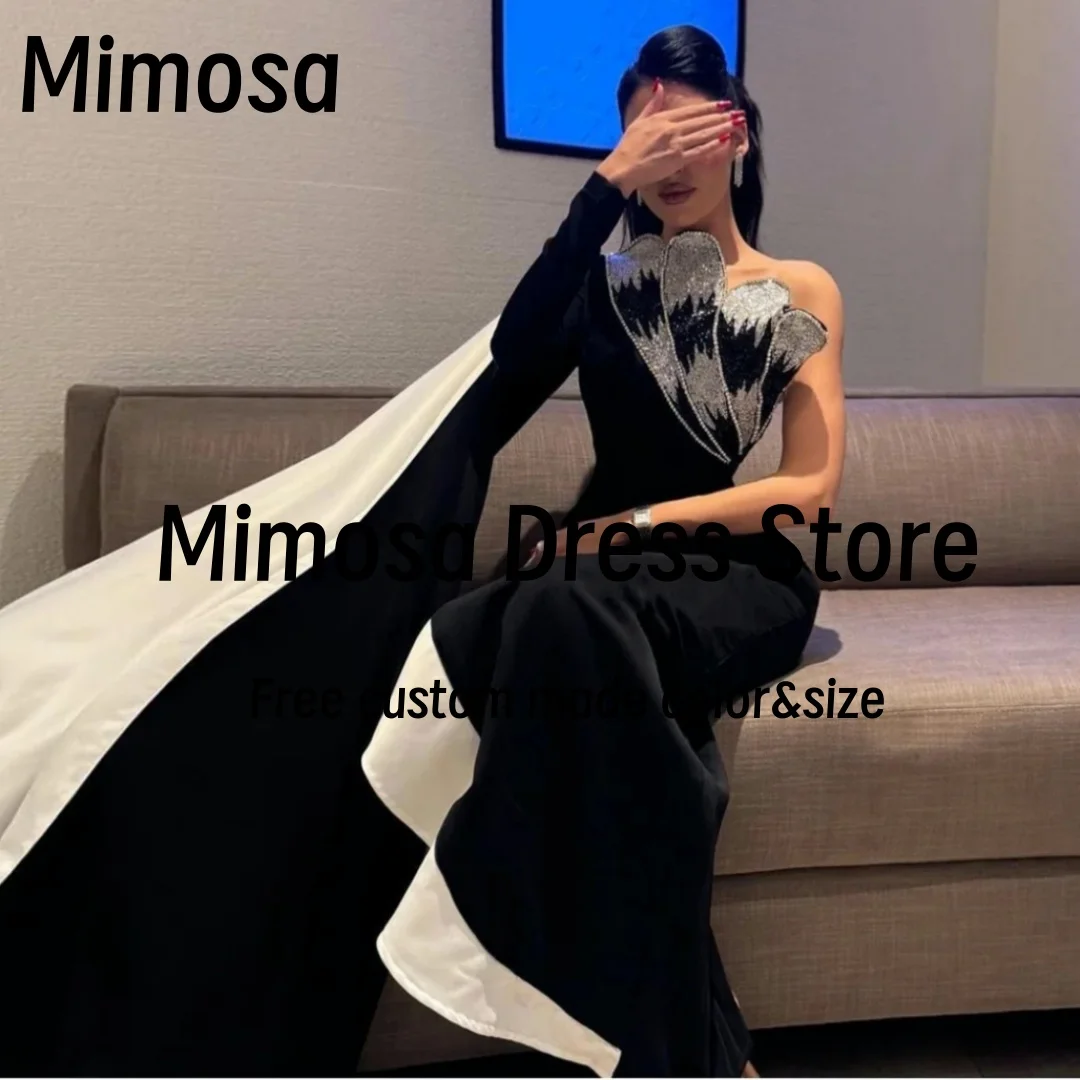 Mimosa Contrast Color Prom Dresses Long Sleeve One Shoulder Flutters Evening Dress Beading Special Occasion Gowns Customized