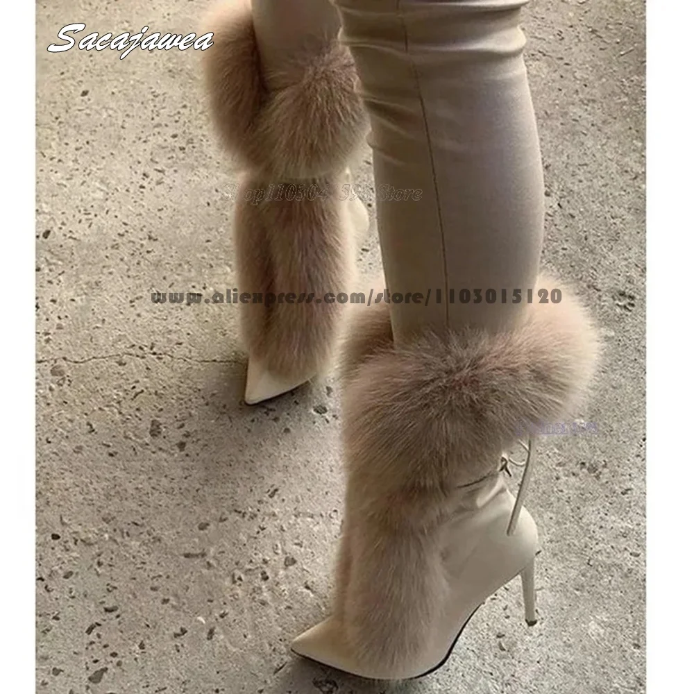 Solid Fur Back Drawstring Plush High Heel Boots Size 35-42 Pointed Toe Sexy Lady Modren Boots Slip On Grace Party Boots