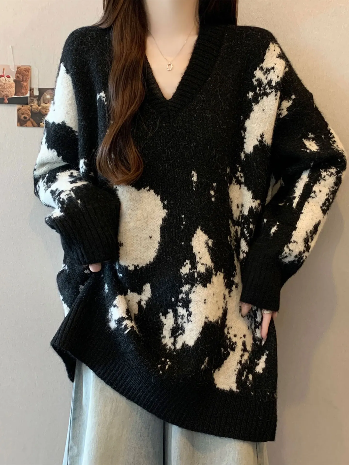 

Ele V-Ne Long Sve Knitted Sweater plus Size Loose Fit Mid-Length Women's Faionable Autumn Winter Warm Top