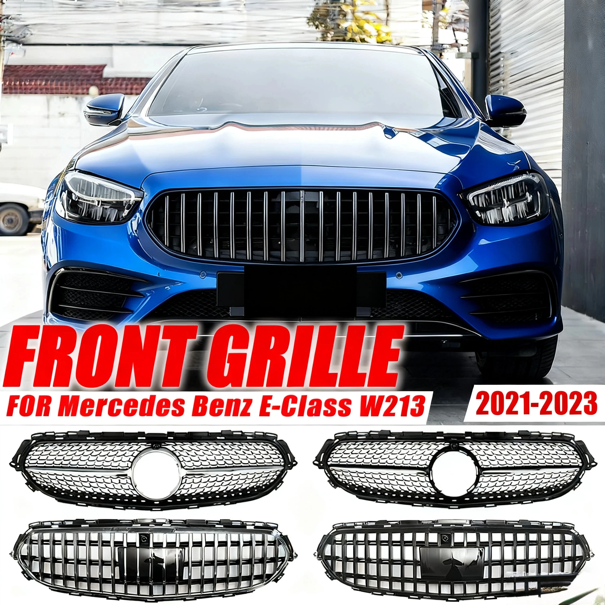 

Chrome Silver Diamonds Style Racing Grille For Mercedes Benz E-Class W213 E200 E300 E350 21-23 Maybach Style Bumper Grilles