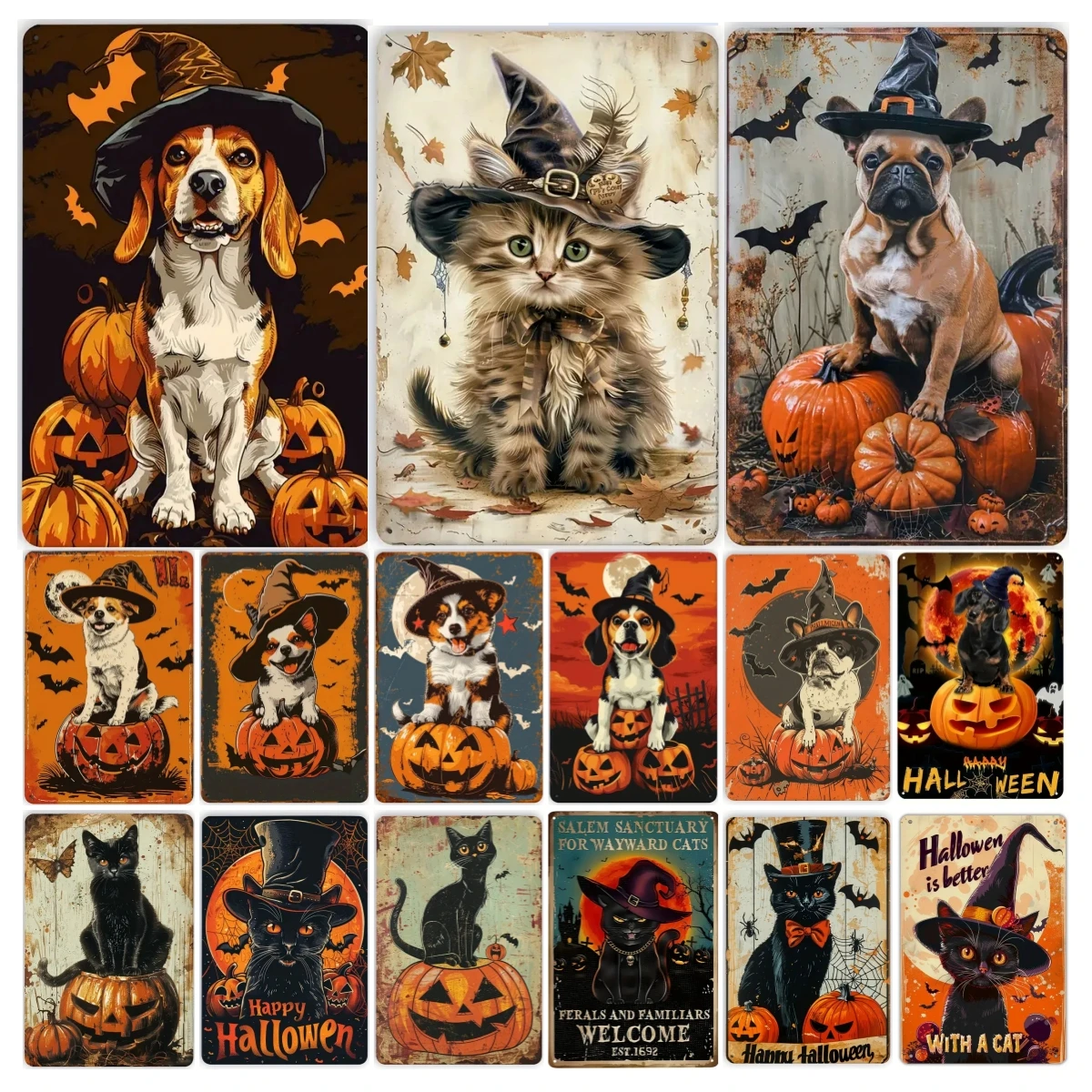 Vintage Halloween Black Cat&Dog&Pumpkin Metal Tin Sign,Durable Iron Wall Art for Home,room,Bar,Cafe,Garage,club,Outdoor Decor