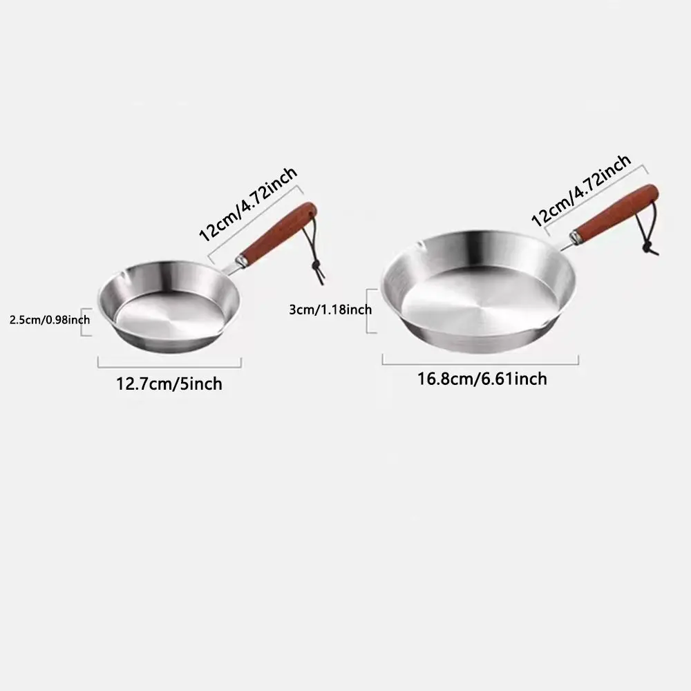 Oven Safe 304 Stainless Steel Frying Pan Flat Bottom Wooden Handle Cooking Pan 12/16cm Small Open Skillet Kitchen Cookware