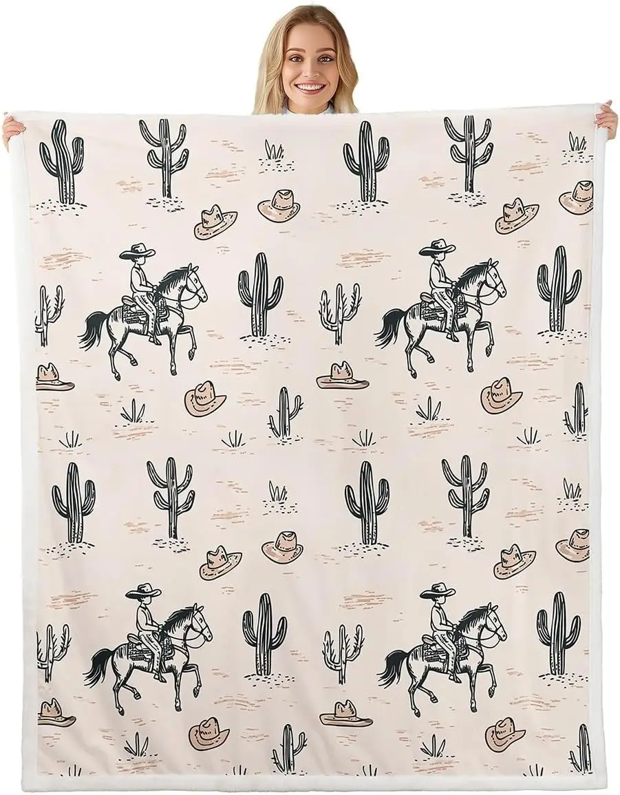 Beige Base Cowboy Horse Cactus Cow Hat Seamless Print Flannel Throw Blanket, Soft Warm Sofa Cover,Western Gift For Bedroom Daily