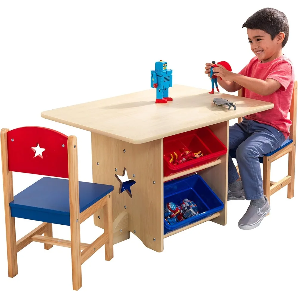 Conjunto de mesa e cadeira de madeira com 4 caixas de armazenamento, mobiliário infantil vermelho, azul, natural