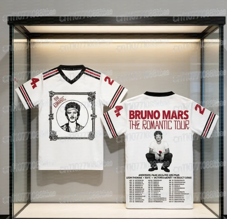 Bruno Mars The Romantic Tour 2026 V-neck Short Sleeve Loose Male Tees Summer Streetwear 3D Print Design Merch FamilyMatching