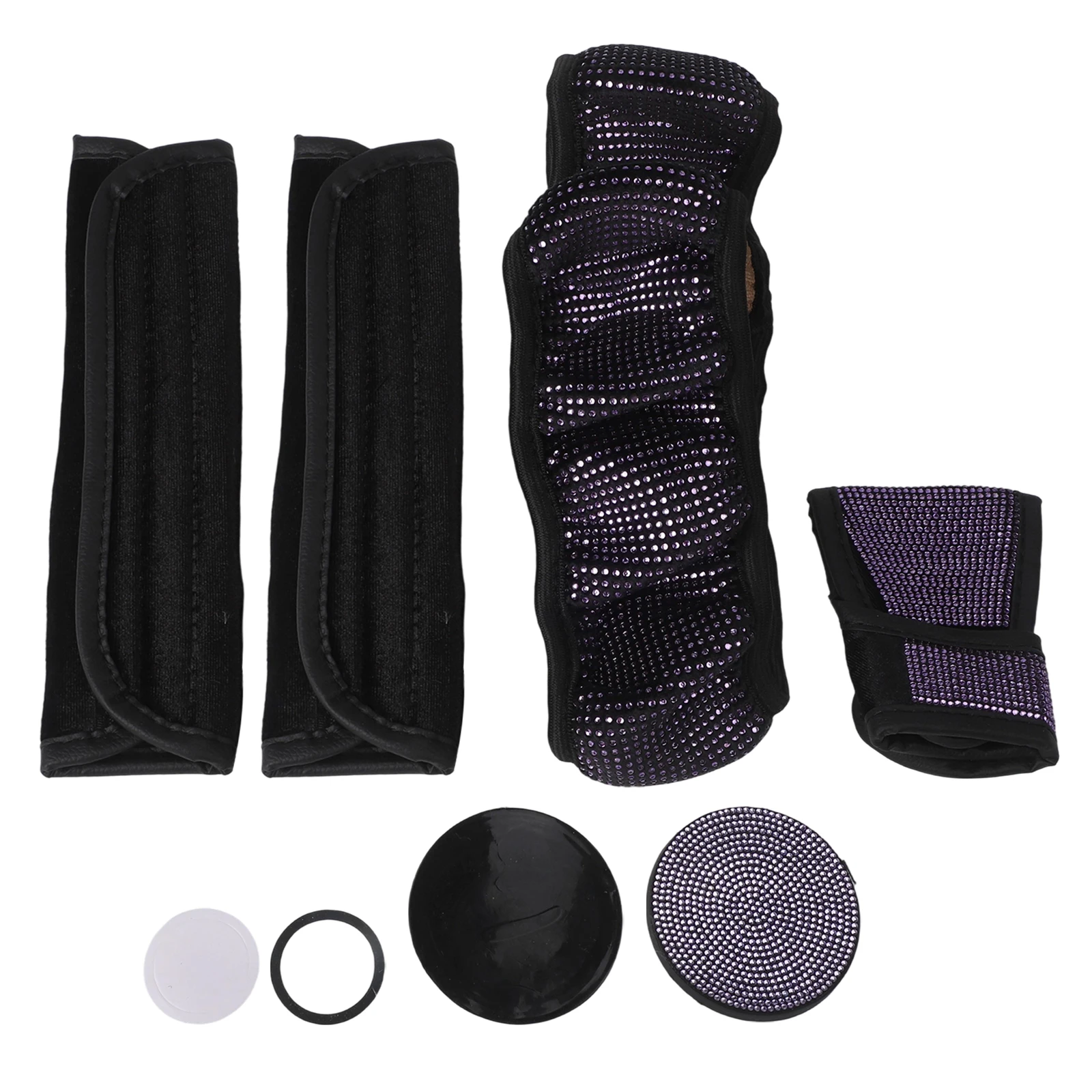 

7PCS Car Diamond Steering Wheel Cover Shiny Rhinestone Safety Belt Cover Cup Coaster Gear Shift Dust Cover Ne-button Start Rhine