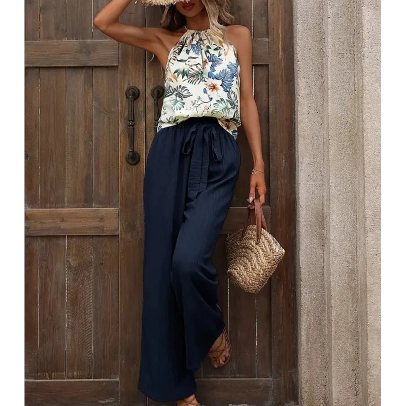 

Fashion Printed Sleeveless Vests Trousers 2 Piece Sets For Summer New Sexy Hanging Neck Blouses & Lace-up Long Pants Women's Set