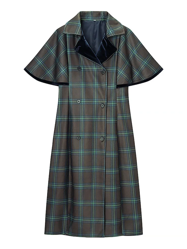 

HH Women's Fashion Retro Versatile Lapel Double-Breasted Plaid Wool Jacket Female Temperament Cape Style Casual Long Coat Mujer