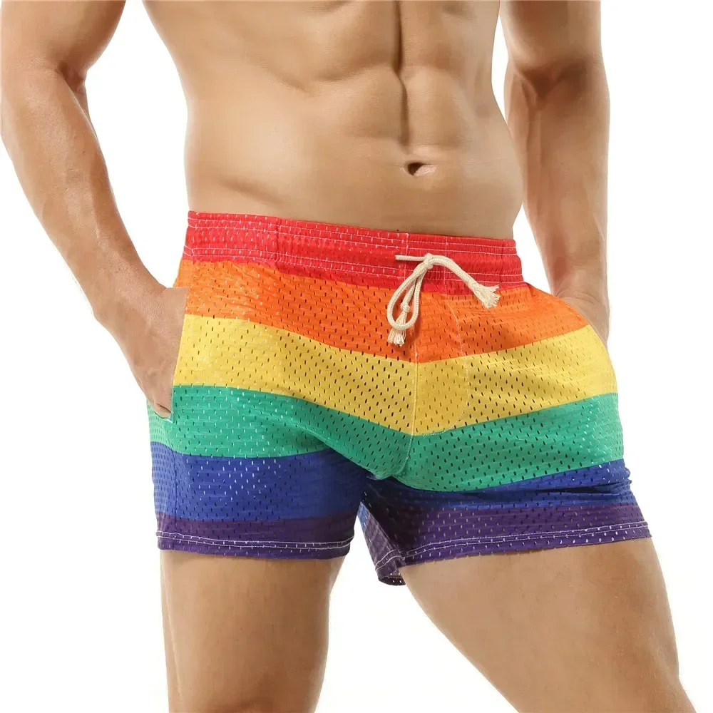 Mode gestreifte Männer Strand kurze Hosen Regenbogen gestreifte Regenbogen Bade bekleidung Badehose Boards horts Mann Surf kurze Hose Bade bekleidung