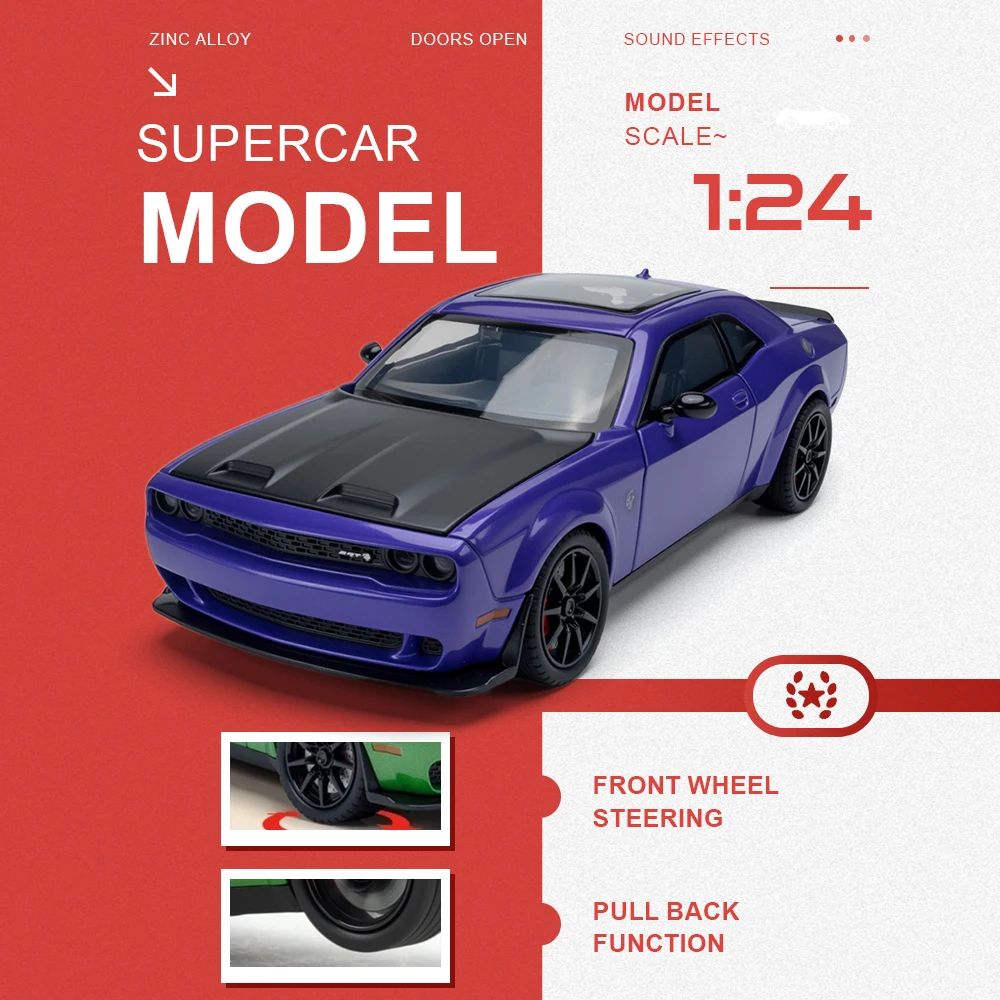 

1:24 Hellcat Miniature Supercar Toy Models Metal Diecast Doors Opened Sound Light Pull Back Shock Absorption Birthday Boys Gifts