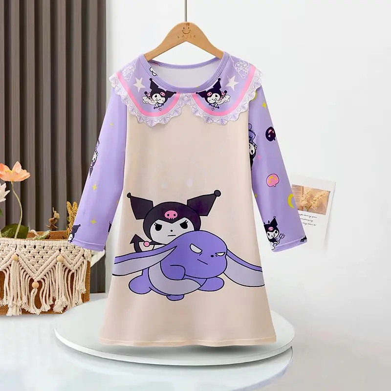 Sanrios-Chemise de nuit Kawaii Hello Kittile Kuromi Cinnamoroll pour enfants, robe à manches longues pour filles, col beurre, pyjama de style princesse