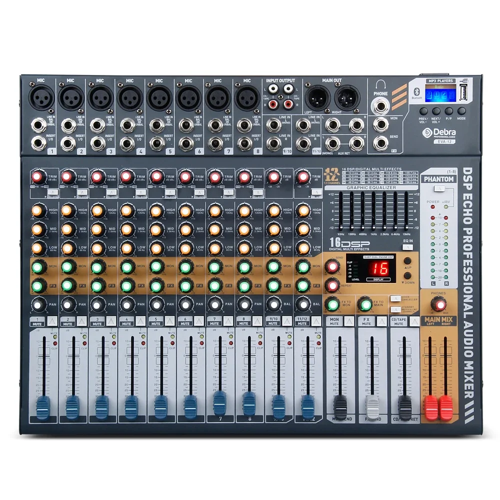 Audio EVA 6/8/12 Channels Audio Mixer Dj Consoler With 48V Phantom Power USB  Bluetooth For Recording Stage