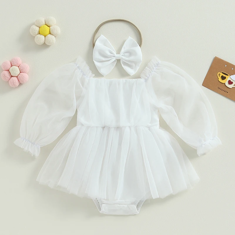 Lioraitiin 0-24M Newborn Baby Girl Romper Princess Infant Toddler Long Sleeve Tulle Jumpsuit + Bow Headband Fall Spring Outfits