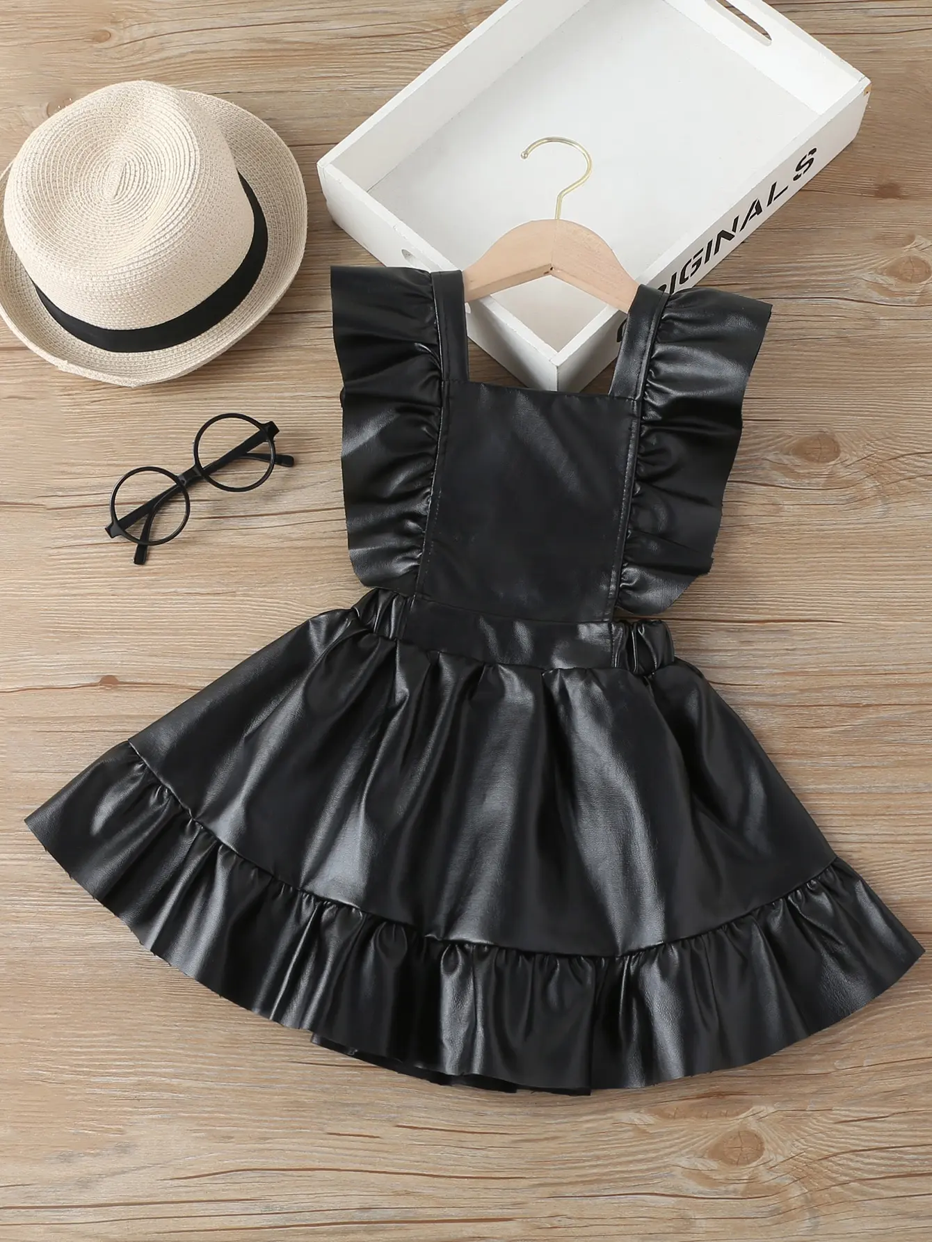 Spring PU Leather Clothes Ruffle Sleeveless Toddler Vest Dress For Kids Girl