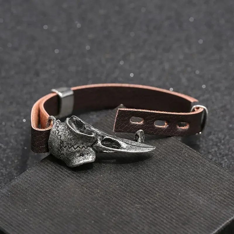 Mens Retro Fashion Odin Symbol Totem Crow Bracelet Crow Skull Leather Bracelet Jewelry Boys Gifts