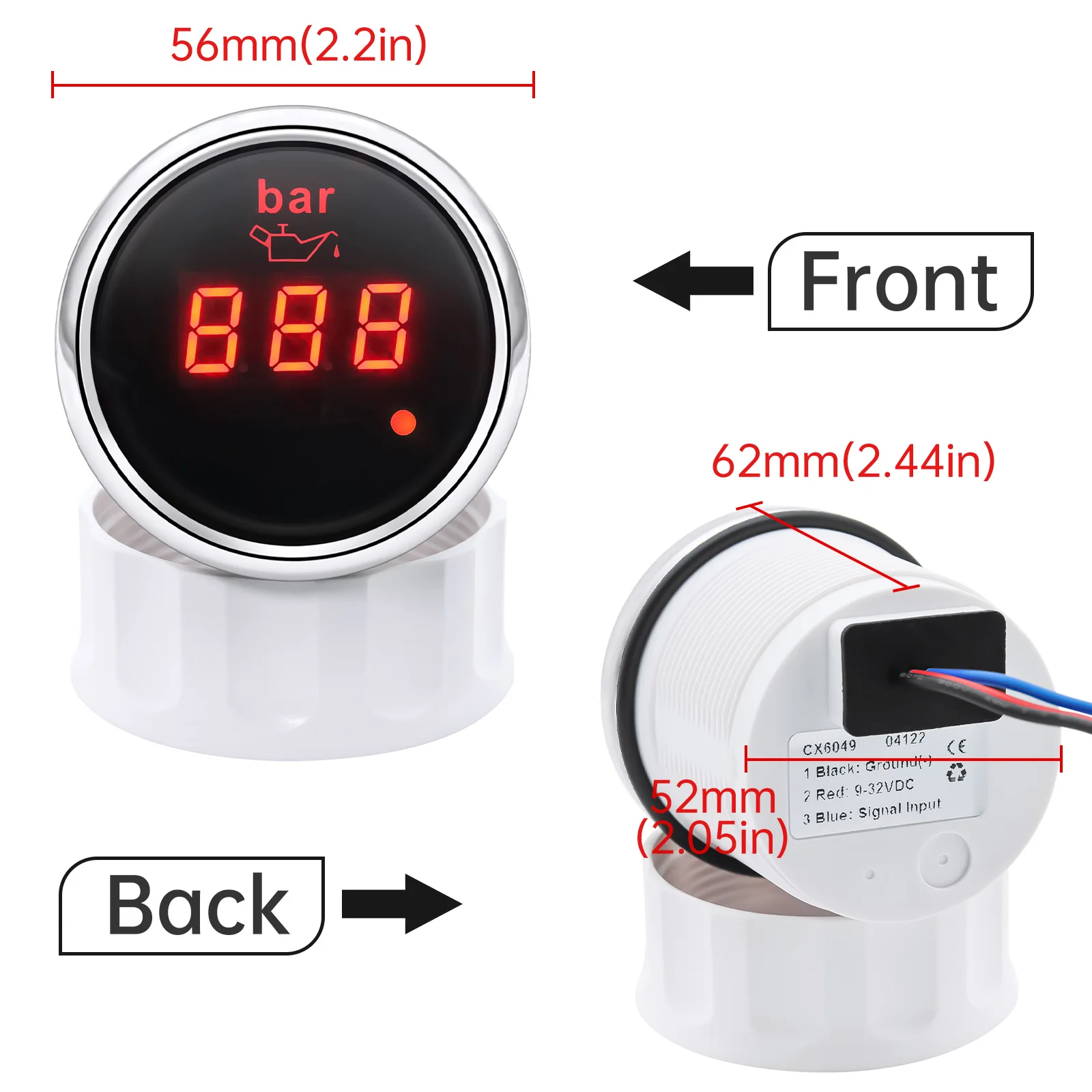 New 52mm Marine Oil Pressure Gauge 9-32V 0-10Bar Waterproof Oil Pressure Meters For Auto Car Boat Yacht Truck with Red Backlight