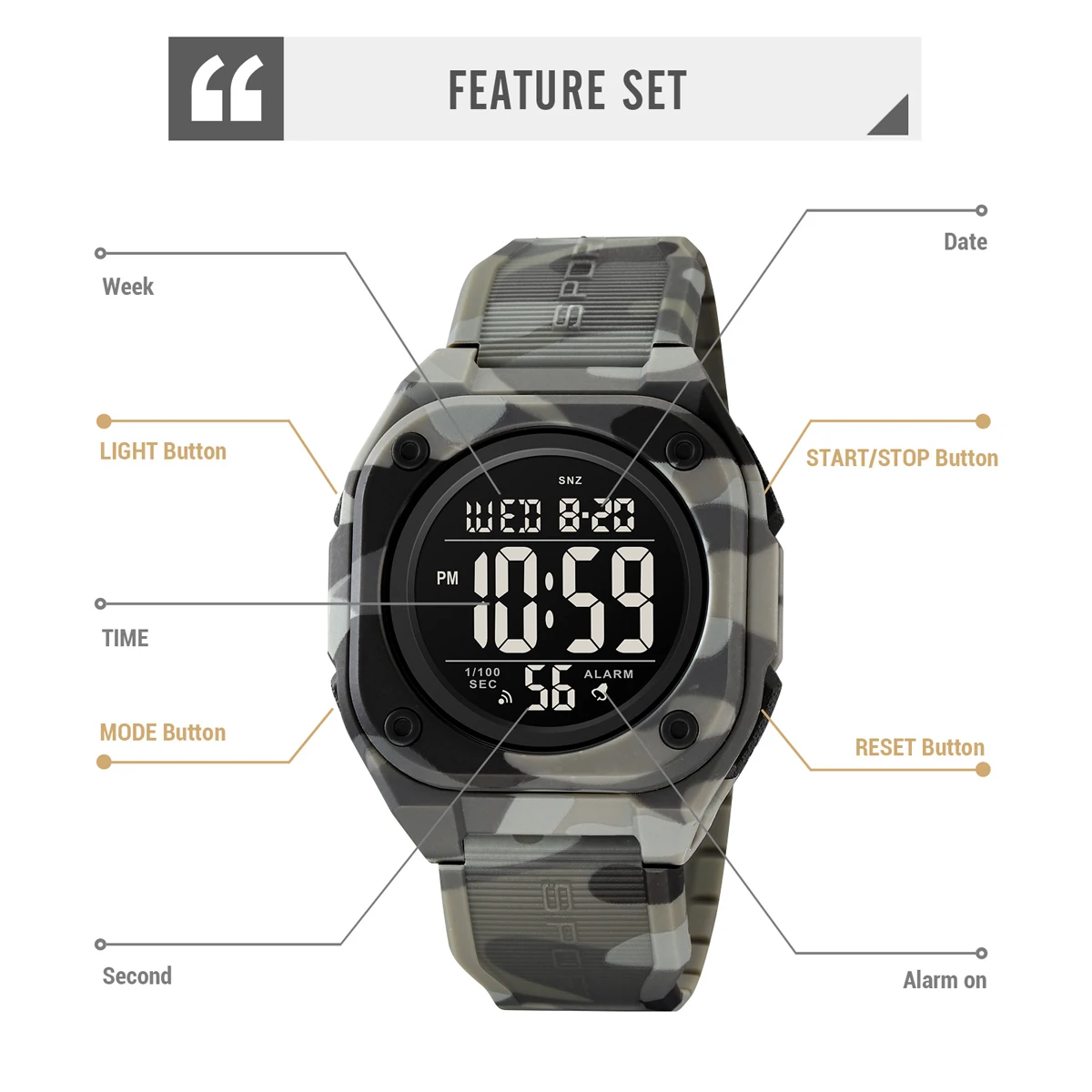 SKMEI Orologio elettronico casual Cronometro Data Settimana 5Bar Orologio da polso impermeabile Conto alla rovescia a luce LED Digitale per uomo Donna Orologi