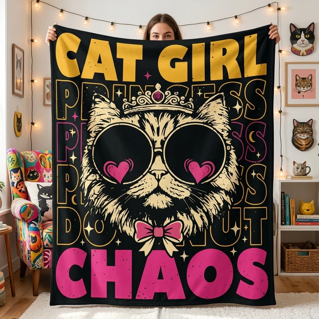 Cat Girl Princess Chaos Flannel Throw Blanket, Cute Highland Cat Soft Cozy Blanket For Sofa Bed Travel Home Decor Gift