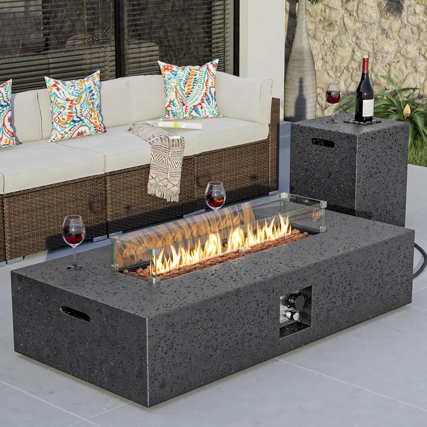 COSIEST 56-inch x 28-inch Outdoor Propane Fire Pit Coffee Table w Concrete Rectangle Base, 50,000 BTU, Free Lava Rocks