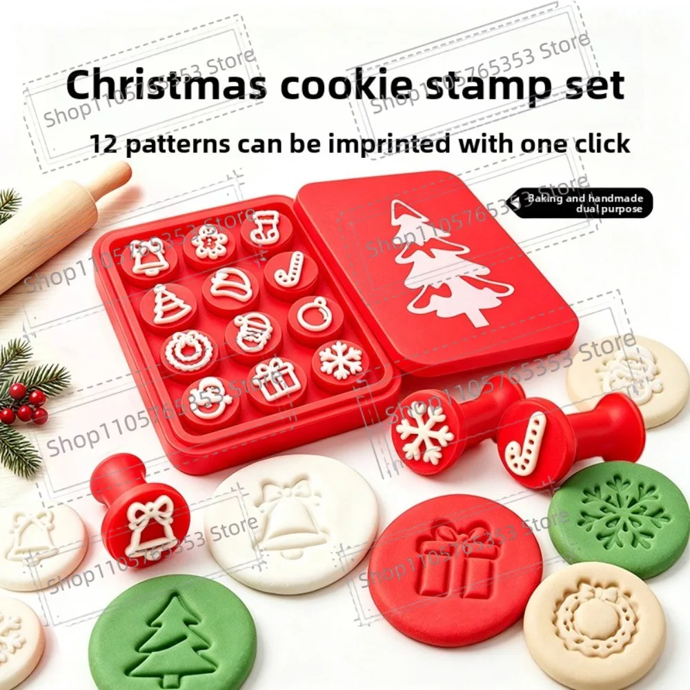 Plastic Christmas Clay Stamps Christmas Patterns Assorted Shapes Clay Stamp Set Storage Case Reusable Holiday Dough Cutters