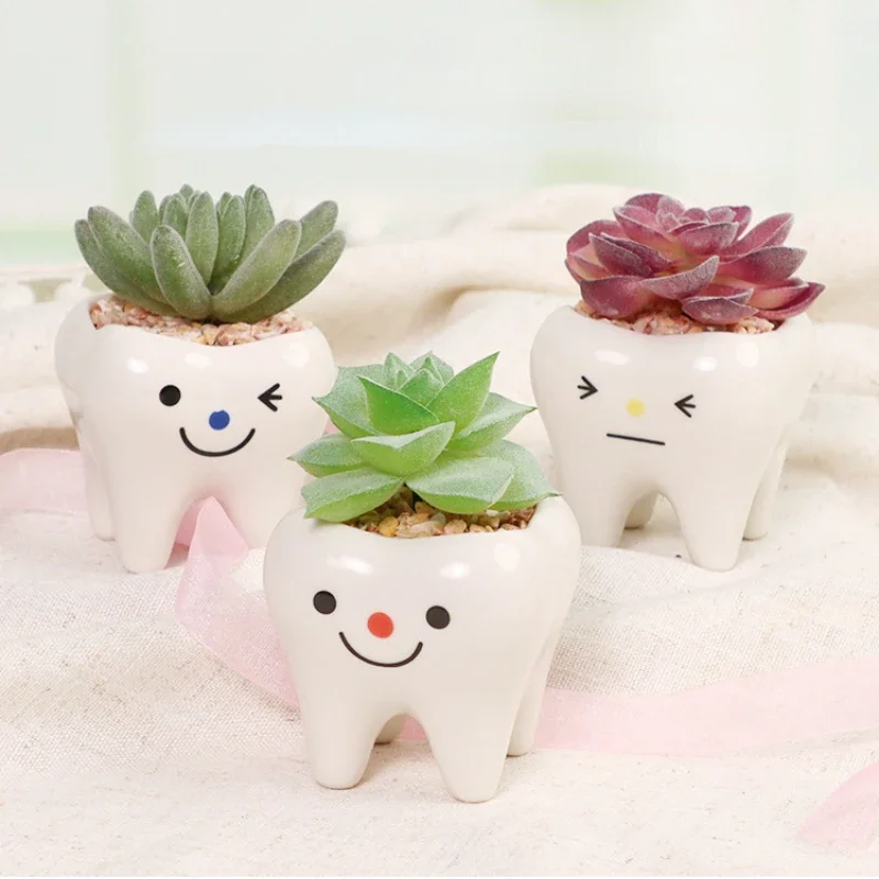 2024 New Ceramic Flowerpot Mini Tooth Shaped Cute Potted Plant Desktop Potted Creative Plant Pot Desk Decorate Small Ornament