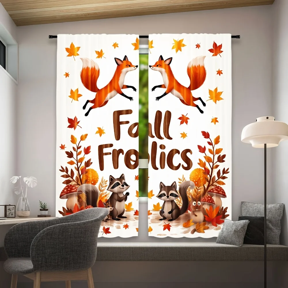 2pcs Thanksgiving Fox & Raccoon Cartoon Autumn Maple Leaf Curtains - 100% Polyester Semi-Translucent Rod Pocket Design, Fall Fol