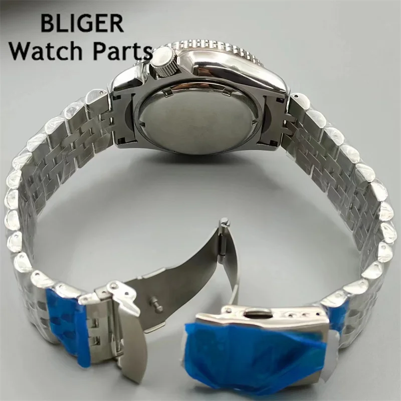 BLIGER 42mm Watch Men NH35 Automatic Mechanical Wristwatch  Black Blue Dial Green Luminous Stainless Steel Strap