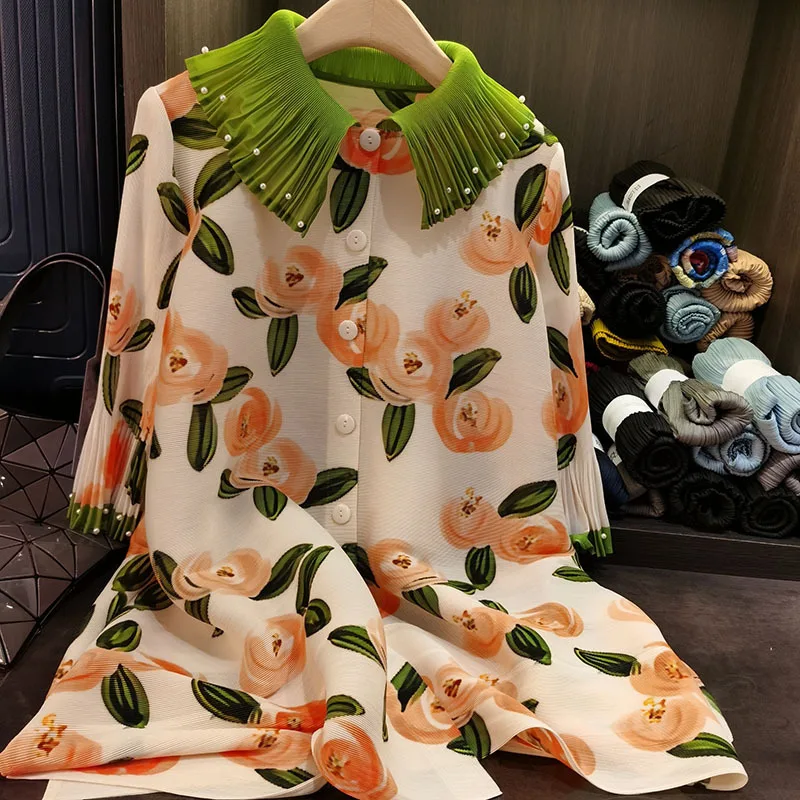 Miyake geplooide jurk High-end leeftijdsverlagende kralen poppenkraag shirtjurk ontwerp bedrukt plus size plooijurken met enkele rij knopen