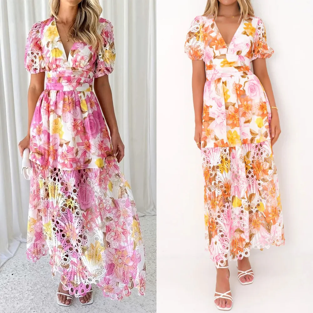 

New Hollow Out Puff Sleeve Fashion Maxi Dress, Women Summer Patchwork Print Party Dress, V-Neck Beach Style Ruffles Ladies Dress