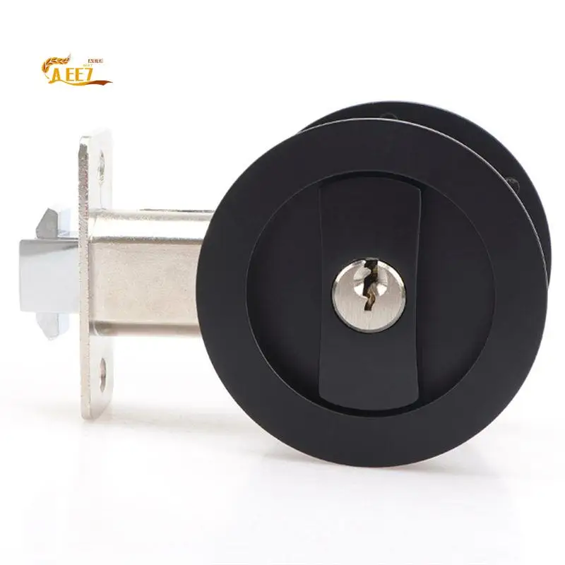 AEE7-1 PCS Sliding Pocket Door Lock Black Privacy Round Pocket Door Hardware Black With Keys