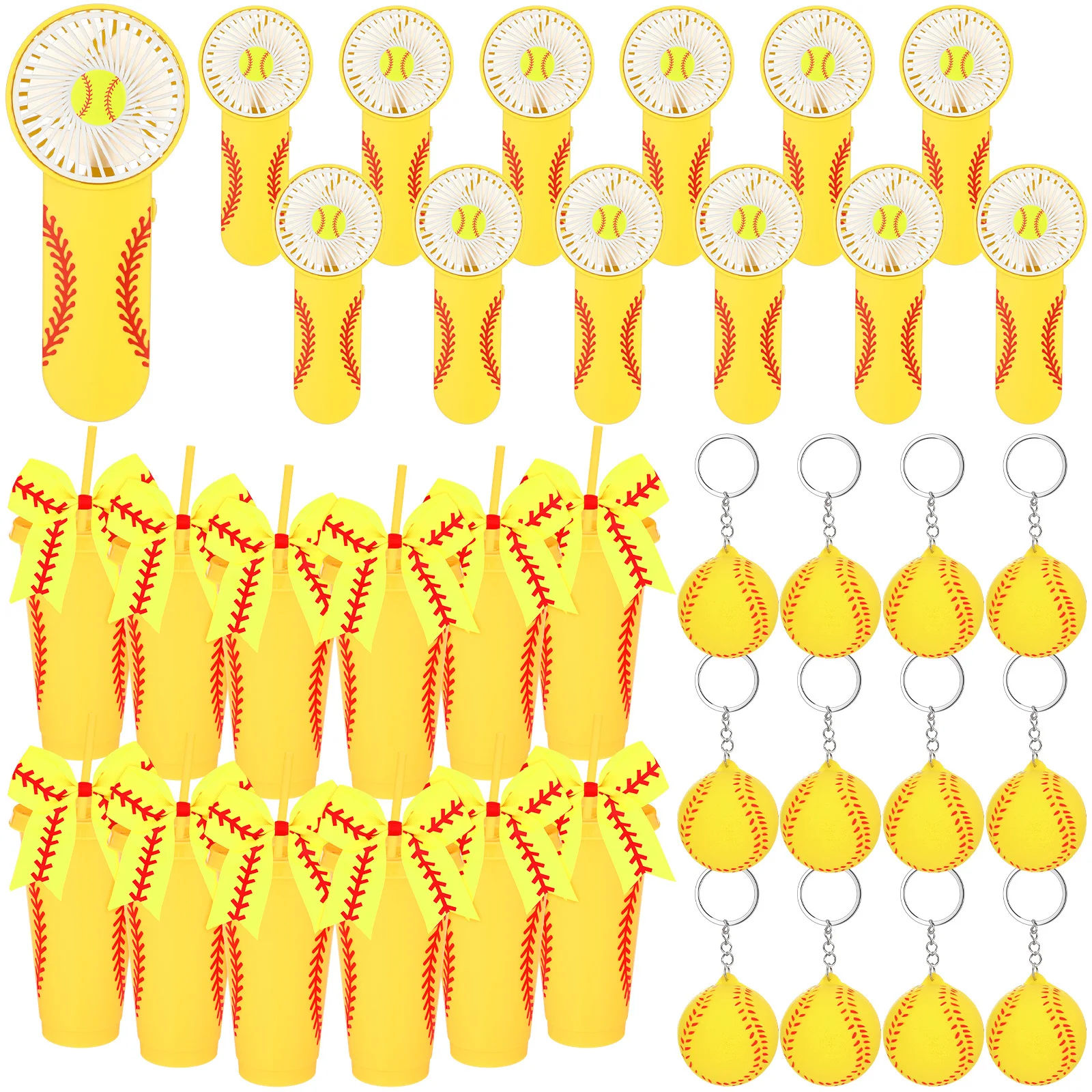 

Gift for Her/Him 48pcs Softball Gifts Bulk for Team 12 Portable Fan Mini Handheld Fan 12 Plastic Tumbler with Lid and Straw 24oz Plastic Cups 12 Bows 12 Softball Keychain for Team Gift (Battery Not Include)